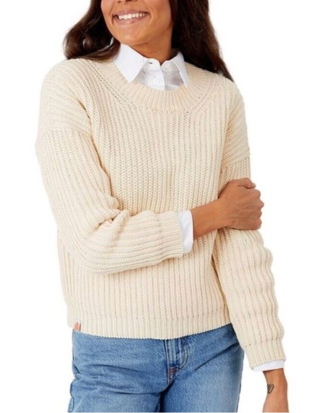 SHXT That I Knit In Peru Women XS Cream Pima Cotton Crew Neck Pullover Sweater